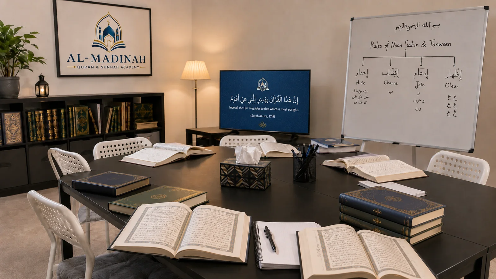 Al-Madinah Academy classroom prepared for Quran and Arabic learning