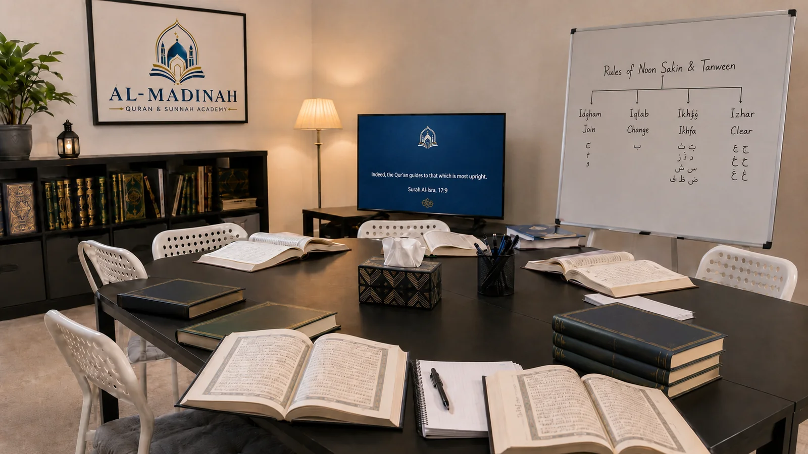 Study table with Quran and learning materials